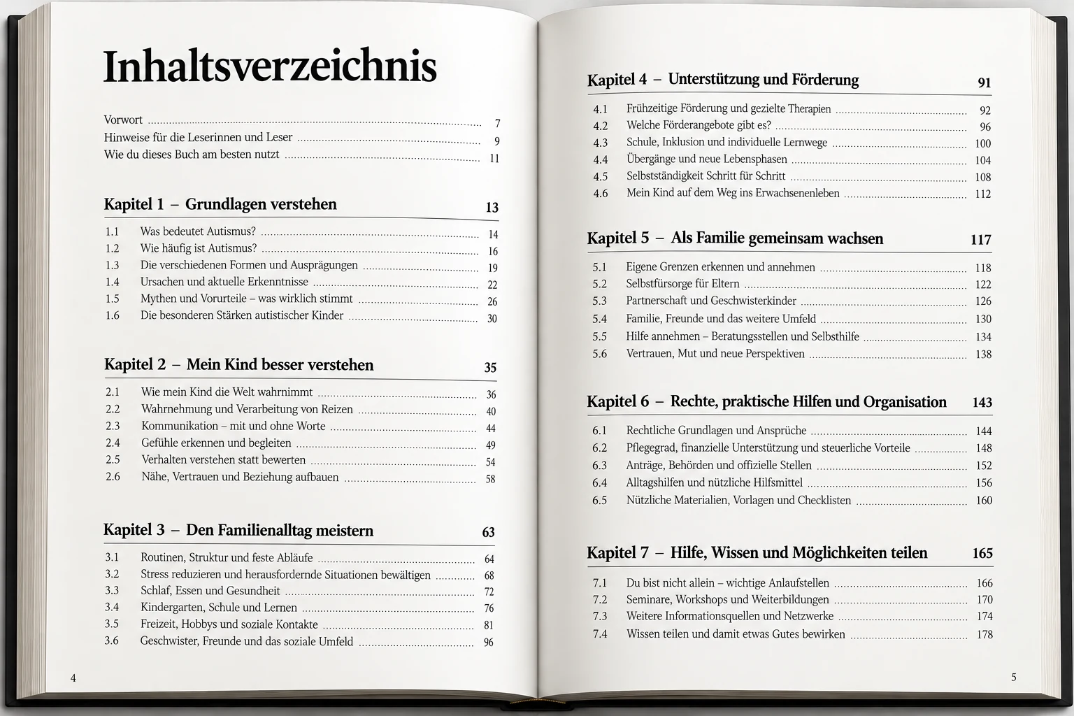 Inhaltsverzeichnis mit Kapiteln zu Autismus, Alltag, Förderung und Familienleben